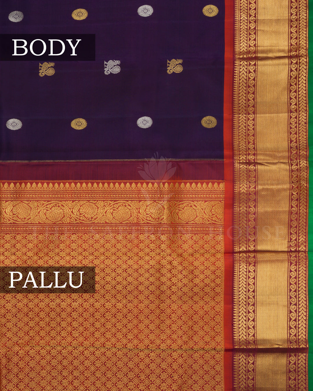Purplish Blue And Rust Orange Handwoven Kanjivaram Silk Saree - TSH2506001