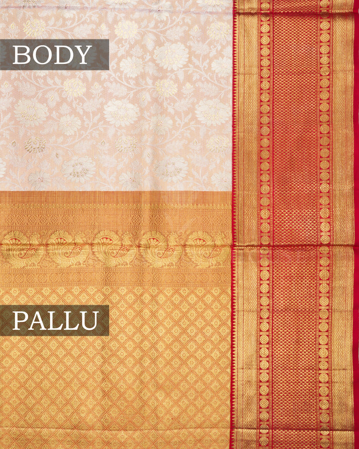Soft Peach Pink And Red Handwoven Kanjivaram Silk Saree - TSH2506049