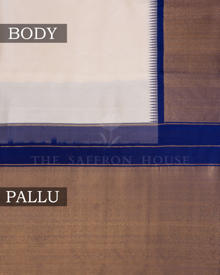 Half White And Navy Blue Handwoven Kanjivaram Silk Saree - TSH250293