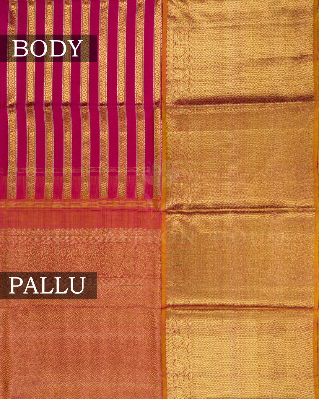 Rani Pink And Golden Yellow Handwoven Kanjivaram Silk Saree - TSH5036