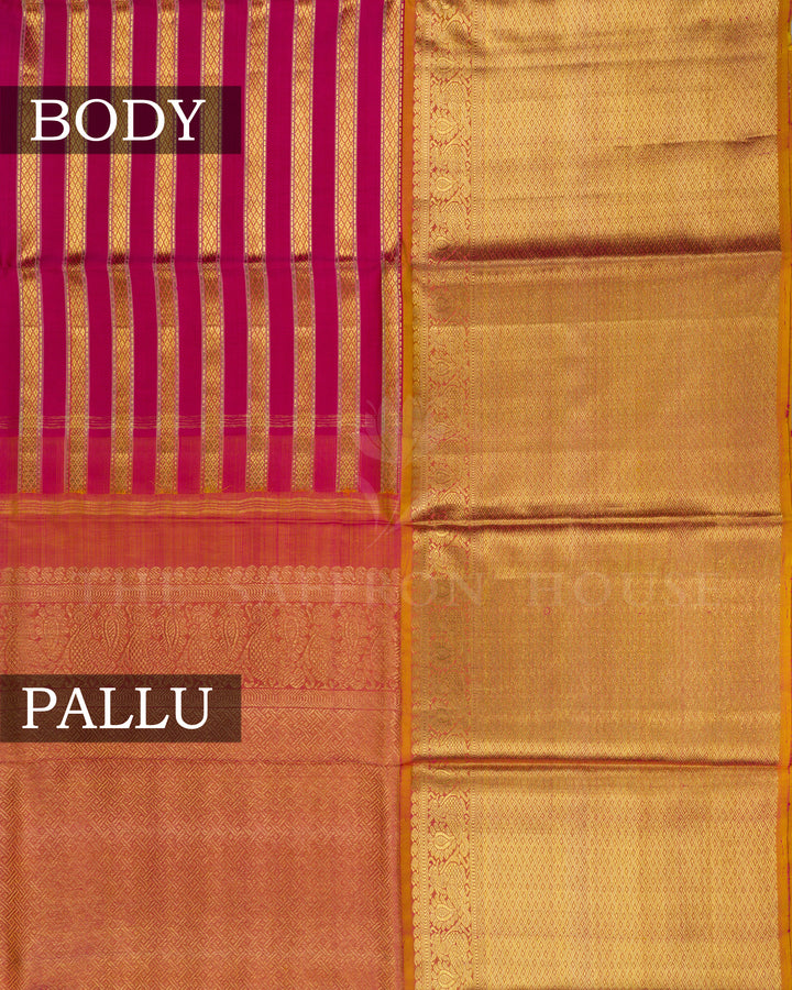 Rani Pink And Golden Yellow Handwoven Kanjivaram Silk Saree - TSH5036