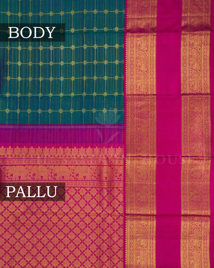 Peacock Blue And Dark Pink Handwoven Kanjivaram Silk Saree - TSH5037