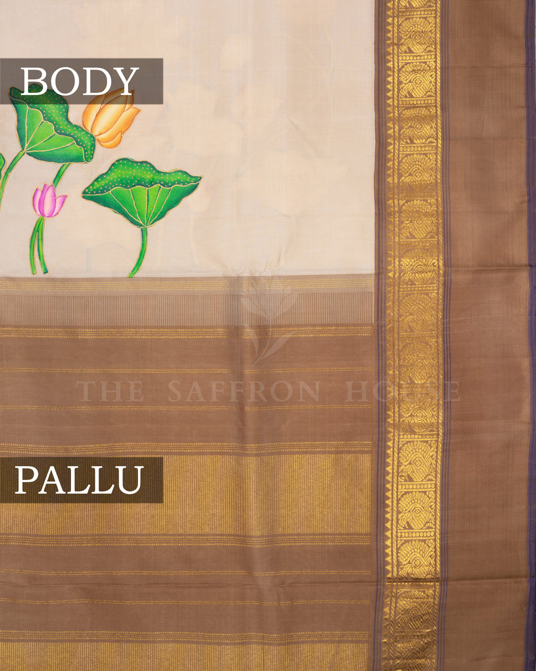 Ivory And Dark Beige Tanjore Hand-Painted Kanjivaram Silk Saree - TSH2506158