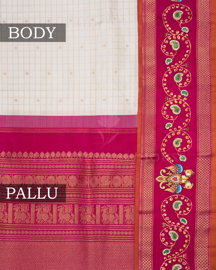 Ivory And Rani Pink Tanjore Hand-Painted Kanjivaram Silk Saree - TSH2506149