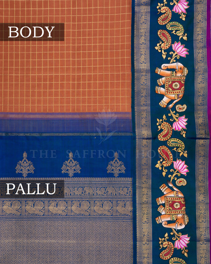 Rust Brown And Peacock Blue Tanjore Hand-Painted Kanjivaram Silk Saree - TSH2506151
