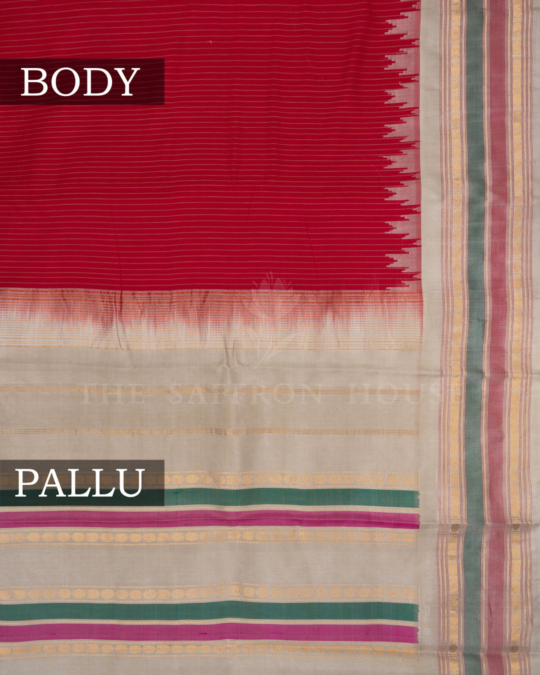 Red And Ivory Gold Gadwal Silk Cotton Saree - TSH8460102