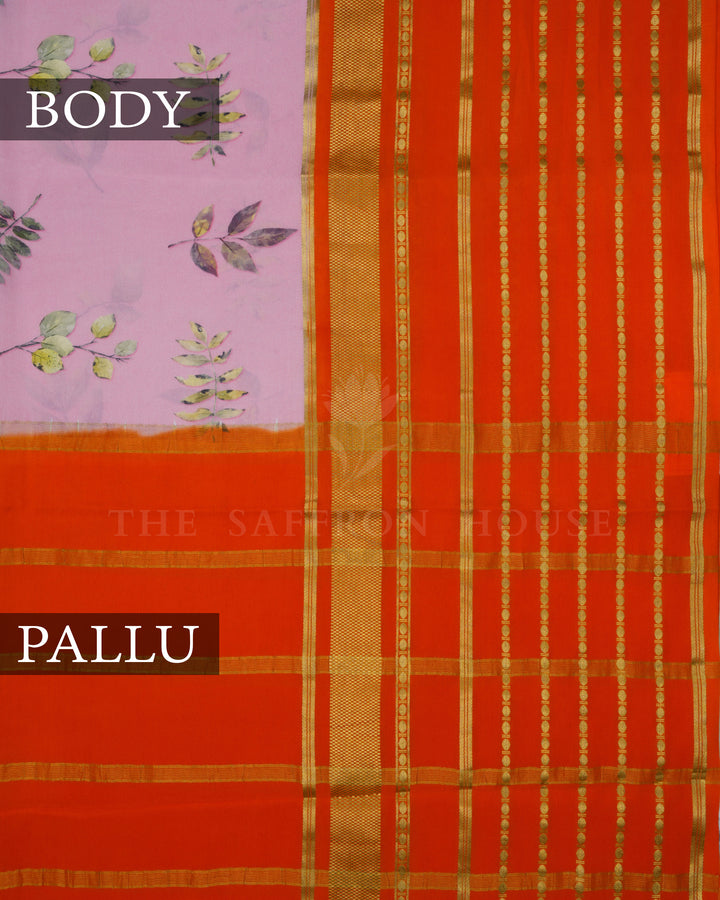 Light Baby Pink And Orange Eco-Printed Mysore Silk Saree - TSH2506089