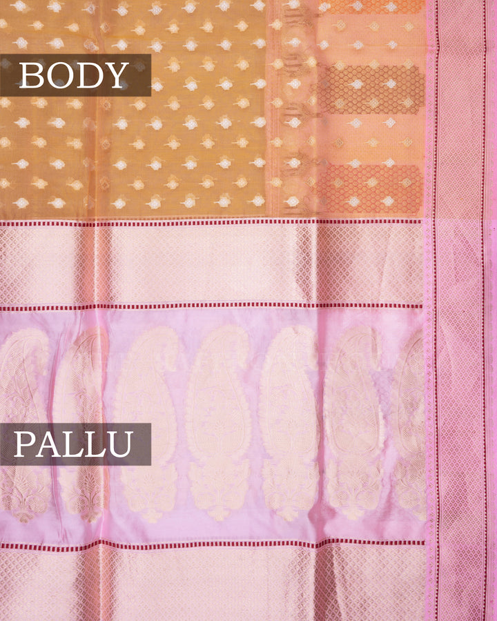 Mustard Yellow And Baby Pink Handwoven Organza Banarasi Saree - TSH110082