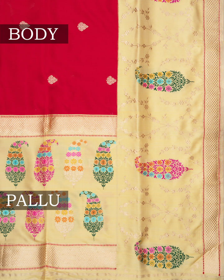 Red And Light Lemon Yellow Handwoven Banarasi Silk Saree - TSH2506166