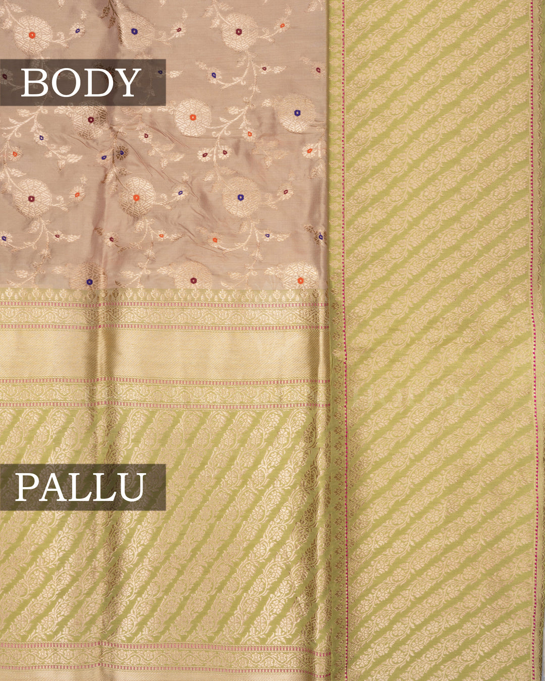 Beige And Parrot Green Handwoven Banarasi Silk Saree - TSH110075