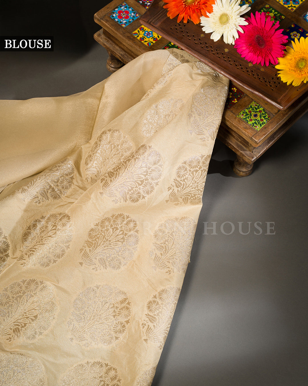 Beige Tussar Silk Saree with Self-Tone Circular Motifs & Scalloped Edge