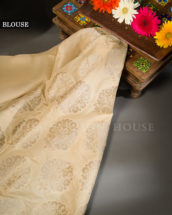 Beige Tussar Silk Saree with Self-Tone Circular Motifs & Scalloped Edge