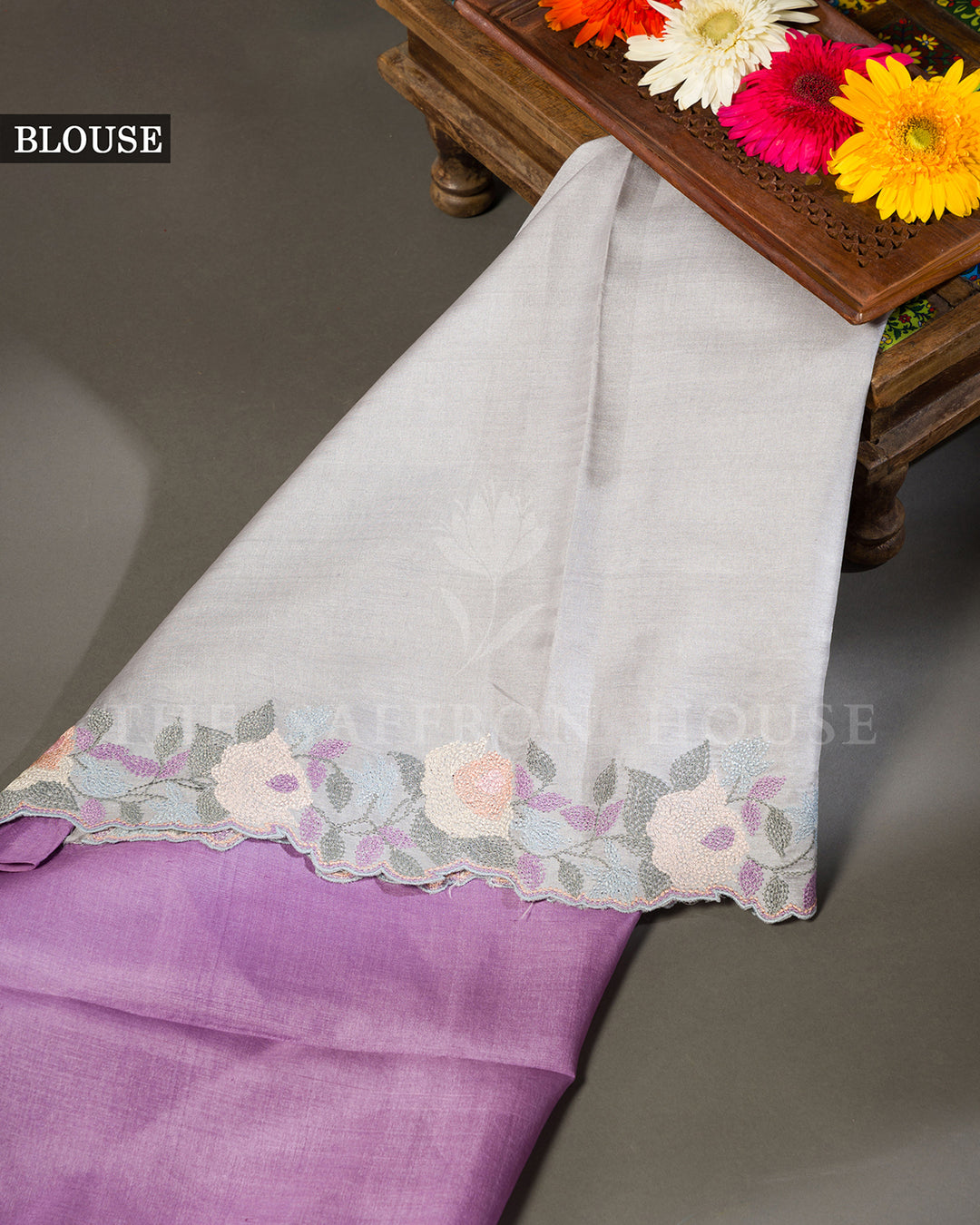 Lilac Tussar Silk Saree with Pastel Rose Embroidered Border & Contrast Grey Blouse