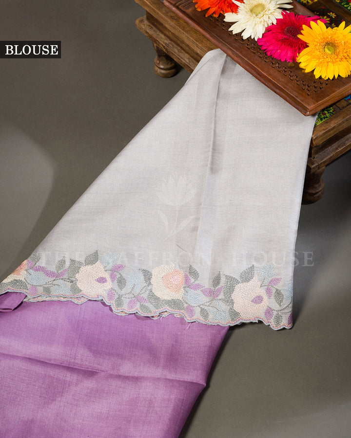 Lilac Tussar Silk Saree with Pastel Rose Embroidered Border & Contrast Grey Blouse