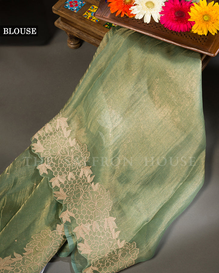 Sage Green Tissue Organza Saree with Self-Tone Floral Lace Border