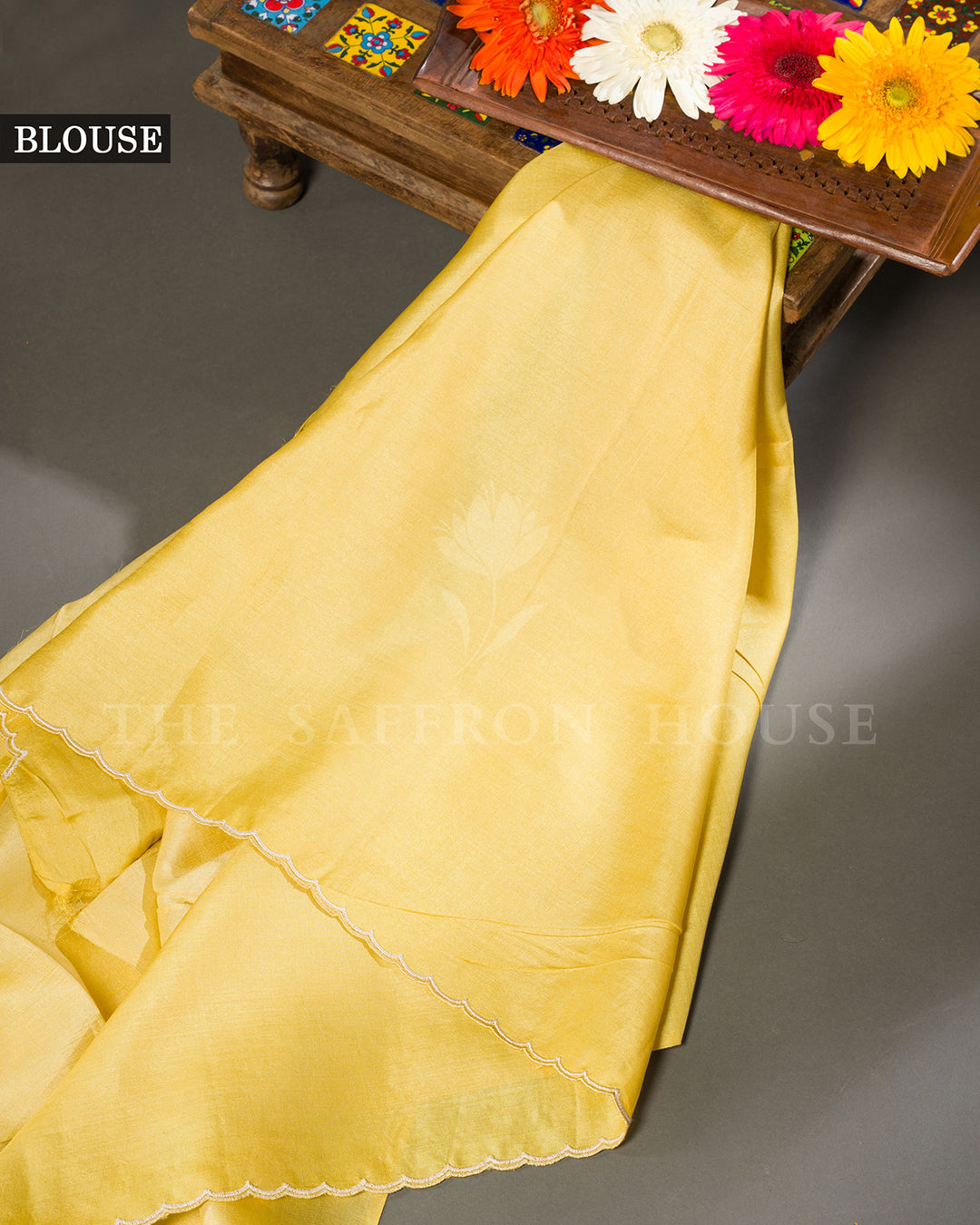 Yellow Tussar Silk Saree with Floral Vine Embroidered Border