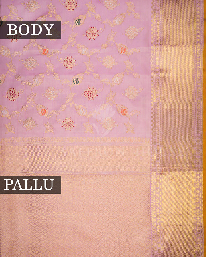 Lilac Kanchivaram Silk Saree with Floral Jaal Weave & Gold Zari Border
