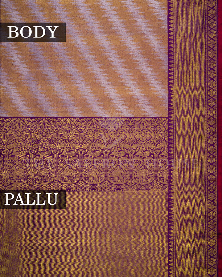 Ikat Mustard Kanchivaram Silk Saree with Purple Elephant Motif Border