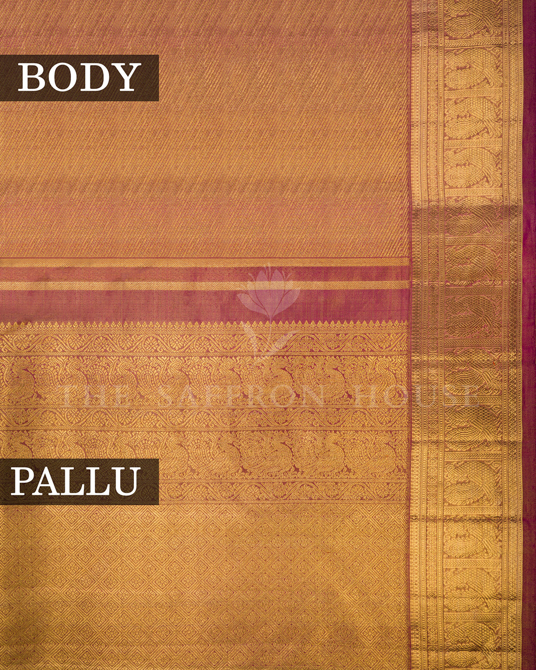 Rustic Gold Kanchivaram Silk Saree with Peacock Motif Border & Diamond Weave Pallu