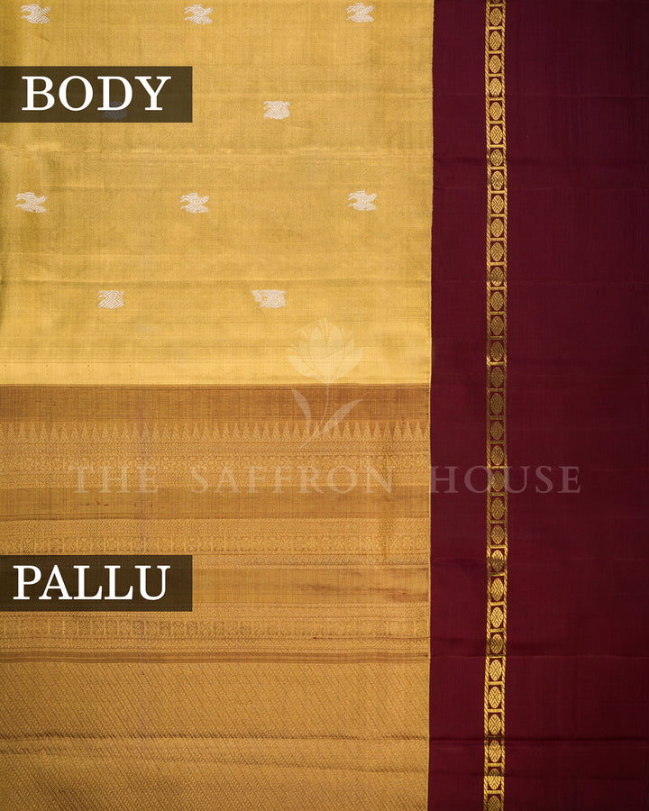Gold Kanchivaram Silk Saree with Silver Bird Butis & Contrast Maroon Border