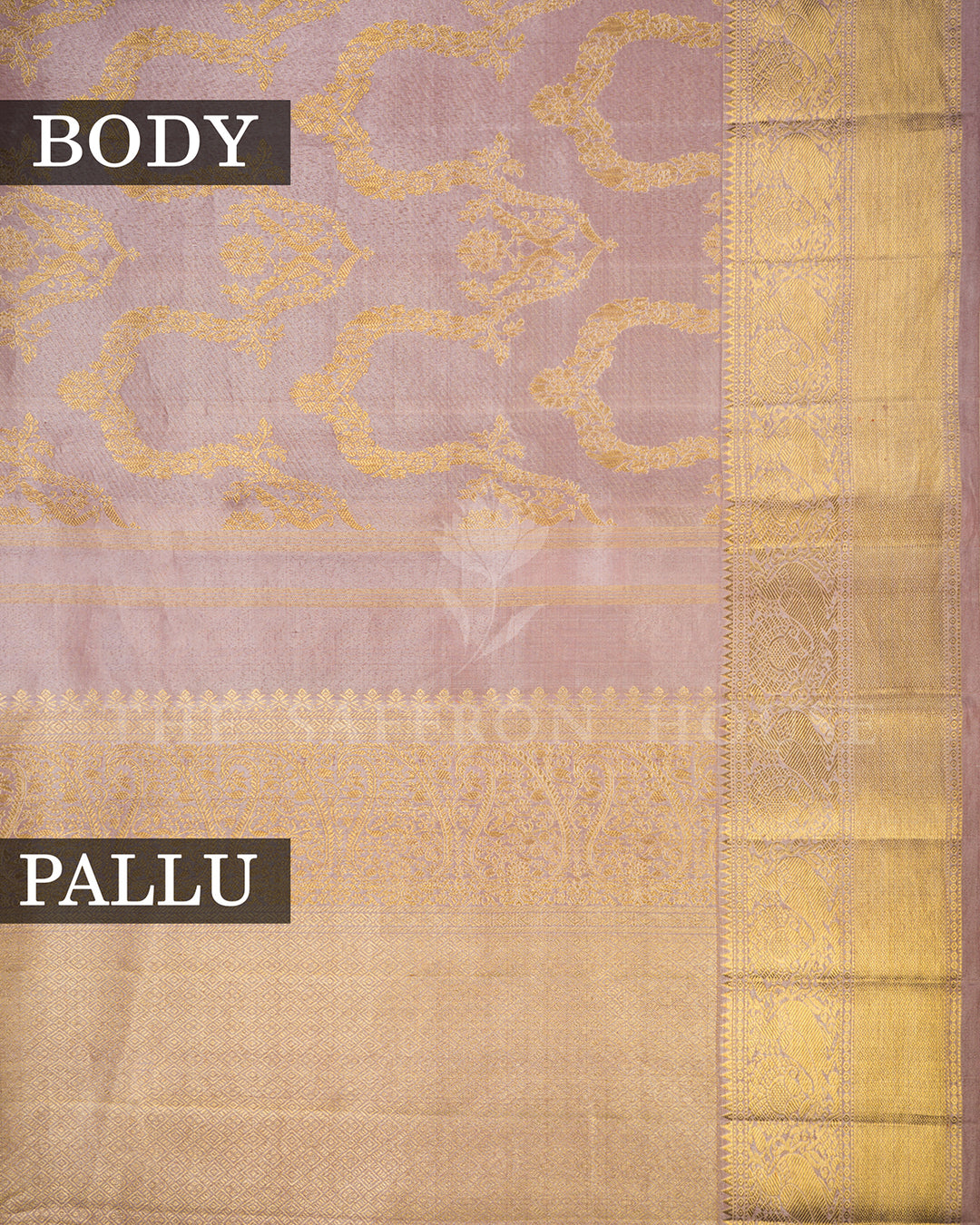 Dusty Pink Kanchivaram Silk Saree with Woven Vine Jaal & Gold Zari Checkered Border