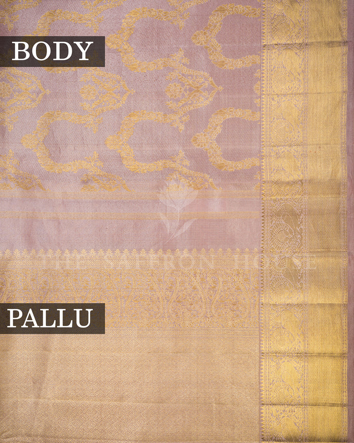 Dusty Pink Kanchivaram Silk Saree with Woven Vine Jaal & Gold Zari Checkered Border