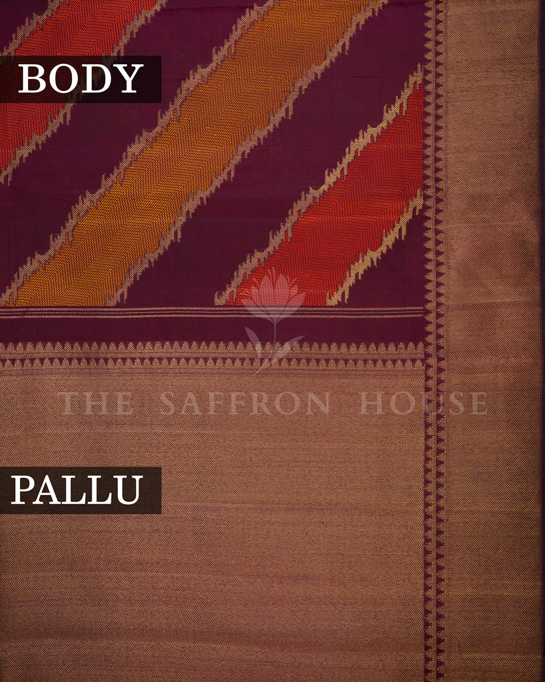 Maroon Kora Kanchi Silk Saree with Diagonal Ikat Chevron Weave