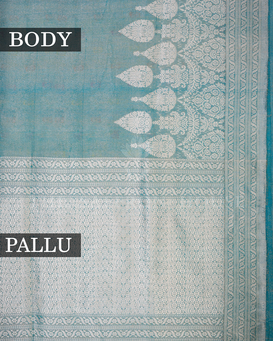 Sea Green Banarasi Tissue Silk Saree with Multicolor Floral Buti & Silver Zari Temple Border
