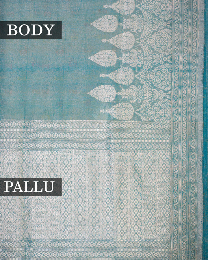 Sea Green Banarasi Tissue Silk Saree with Multicolor Floral Buti & Silver Zari Temple Border
