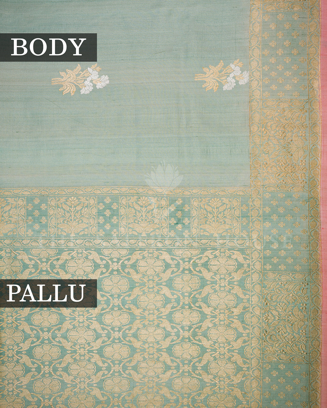 Sea Green Tussar Silk Saree with Scattered Gold Zari Buti & Floral Border