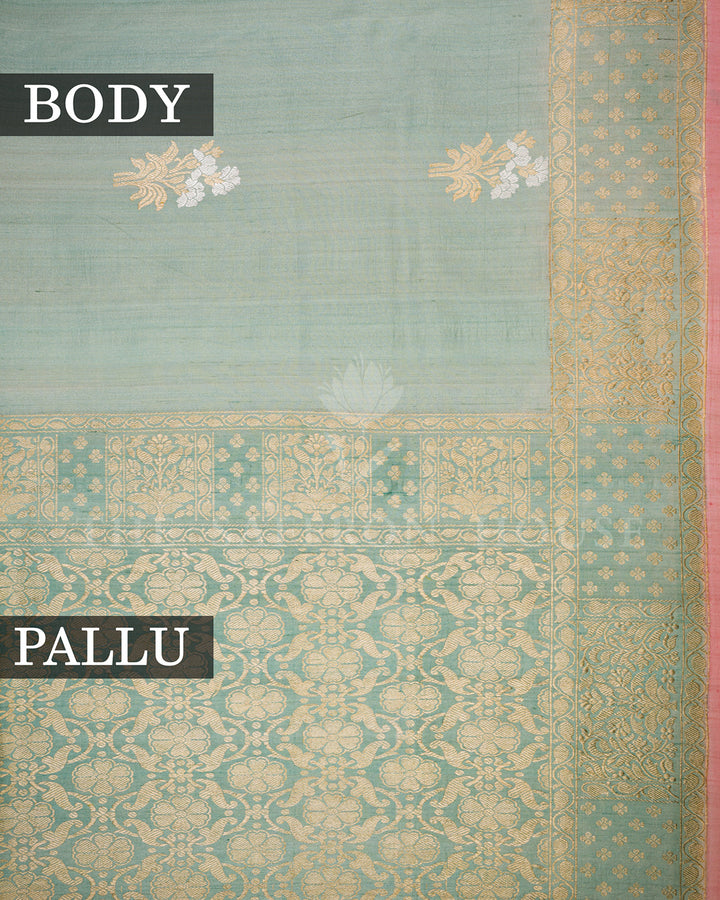 Sea Green Tussar Silk Saree with Scattered Gold Zari Buti & Floral Border