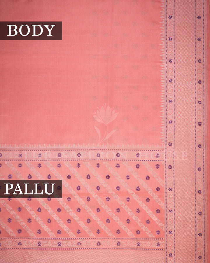 Peach Banarasi Silk Saree with Diagonal Purple Buti Weave & Silver Zari Border