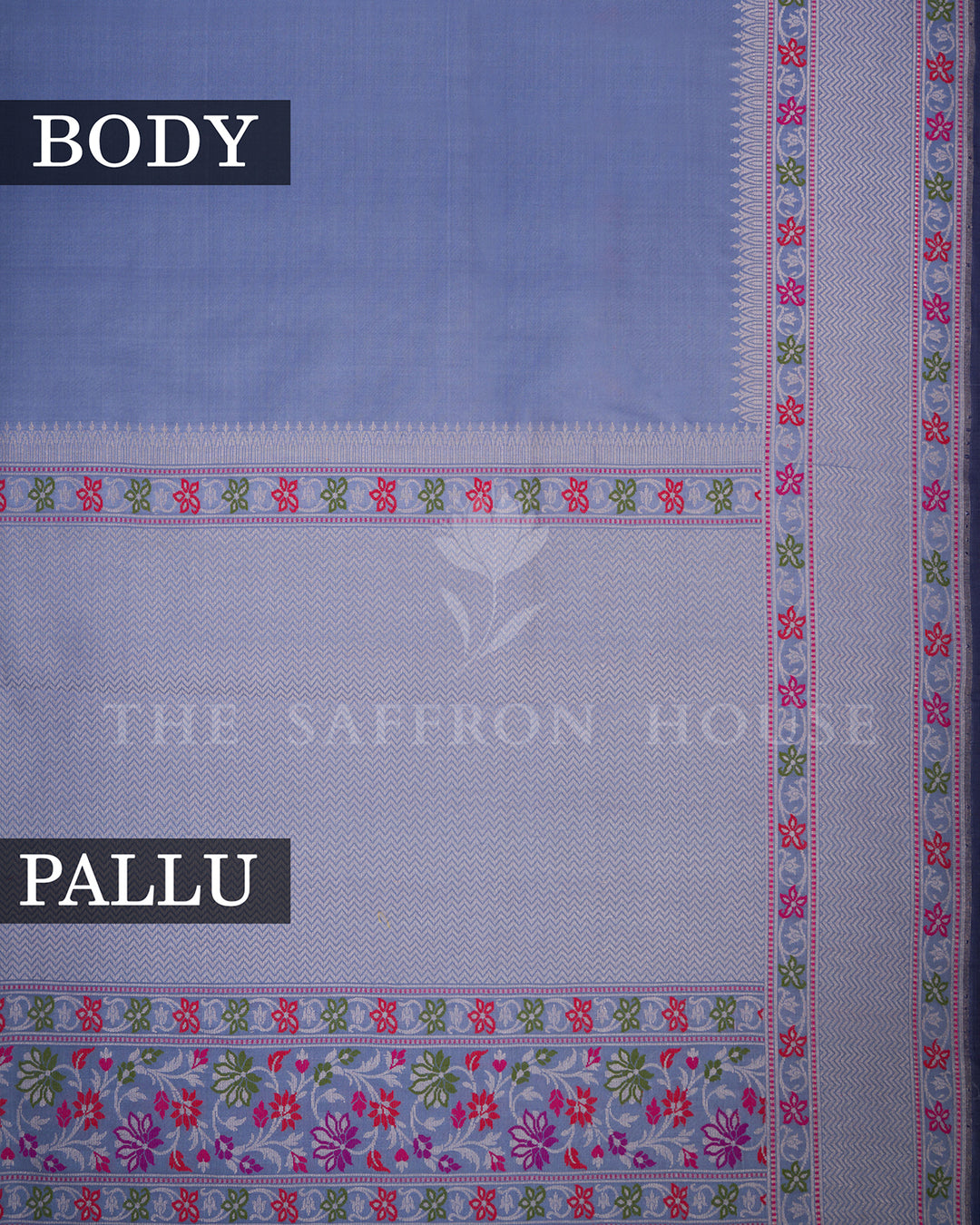 Steel Blue Banarasi Silk Saree with Chevron Zari Weave & Multicolor Floral Border