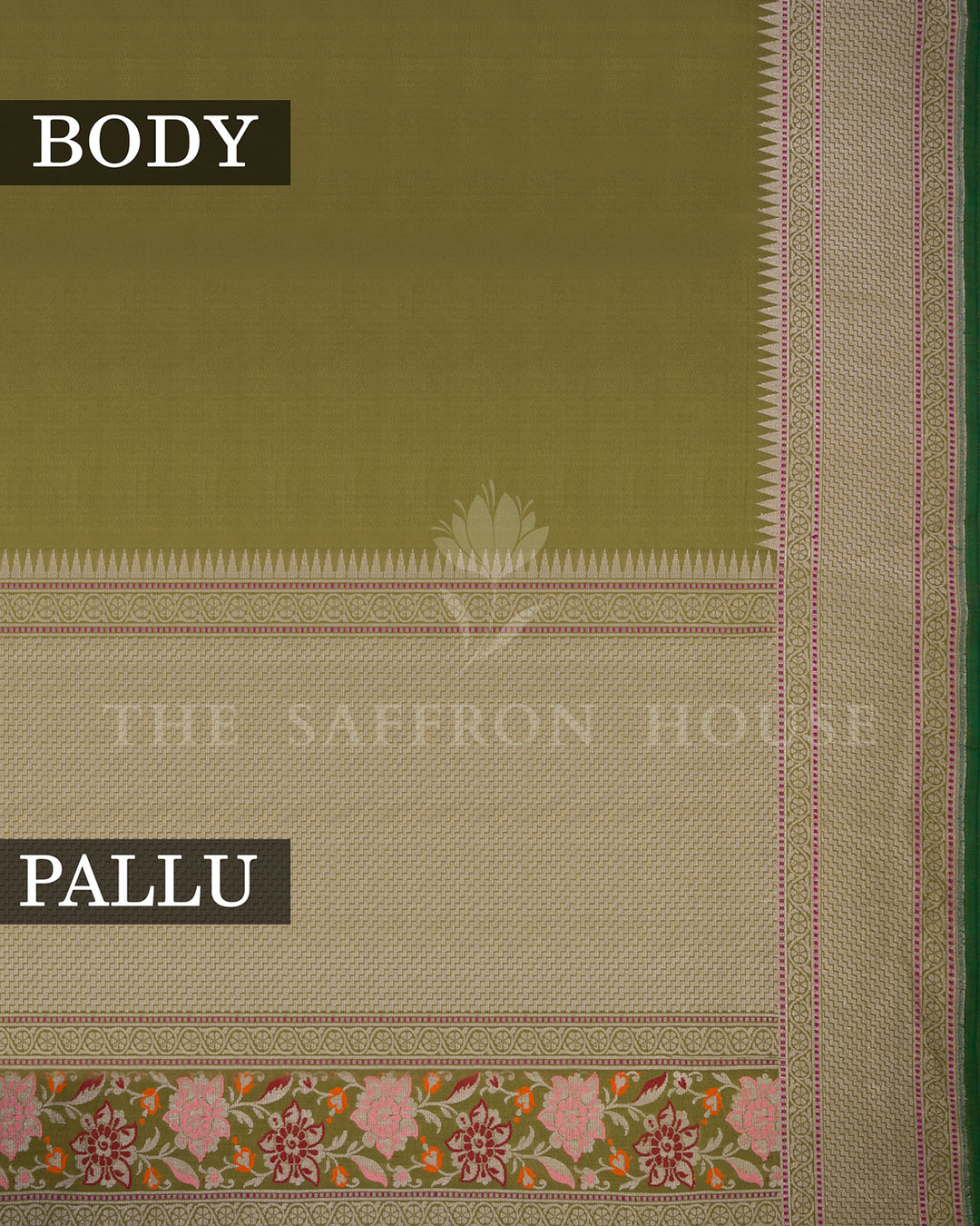 Olive Green Banarasi Silk Saree with Chevron Zari Border & Multicolor Floral Vine