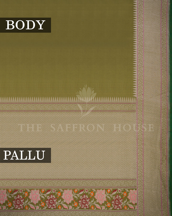 Olive Green Banarasi Silk Saree with Chevron Zari Border & Multicolor Floral Vine