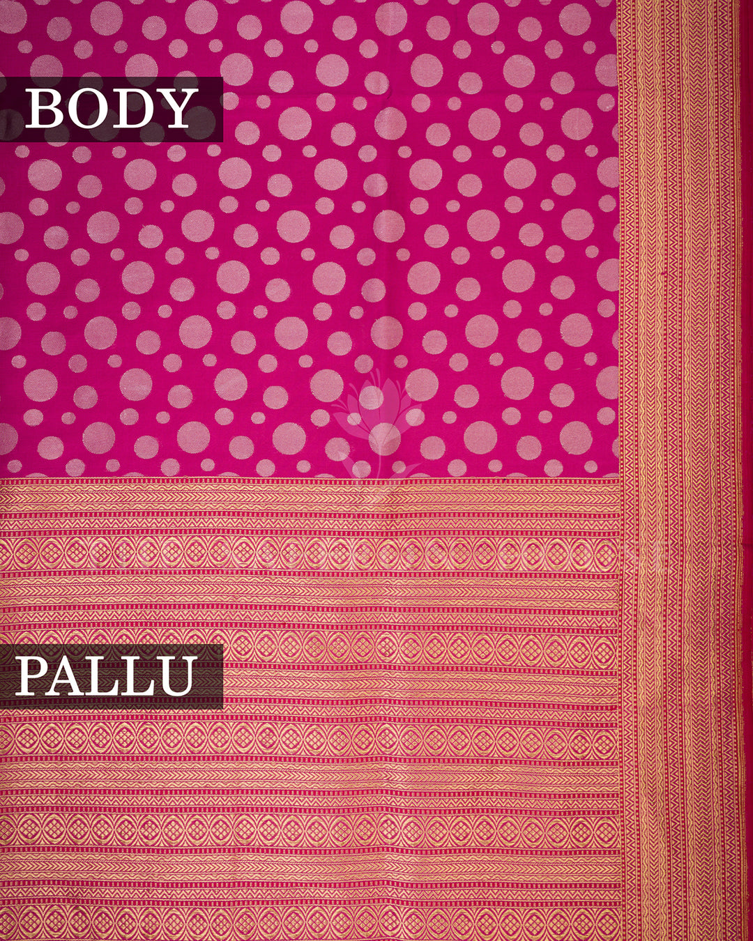 Rani Pink Banarasi Silk Saree with Gold Zari Polka Dot Weave & Chevron Border