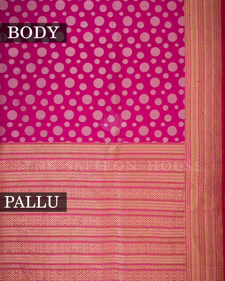 Rani Pink Banarasi Silk Saree with Gold Zari Polka Dot Weave & Chevron Border