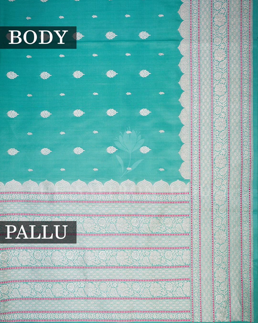 Turquoise Banarasi Silk Saree with Scattered Silver Zari Buti & Scalloped Floral Border