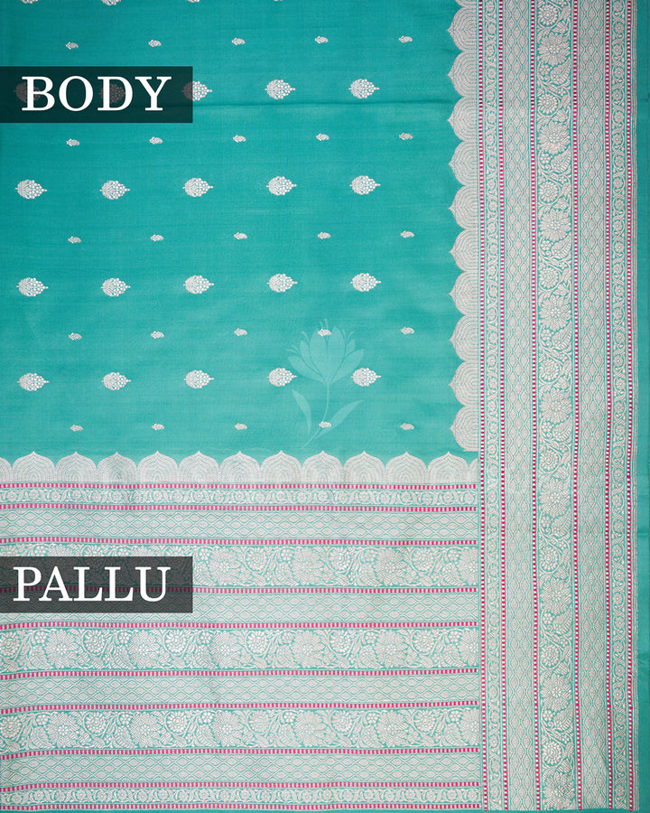 Turquoise Banarasi Silk Saree with Scattered Silver Zari Buti & Scalloped Floral Border
