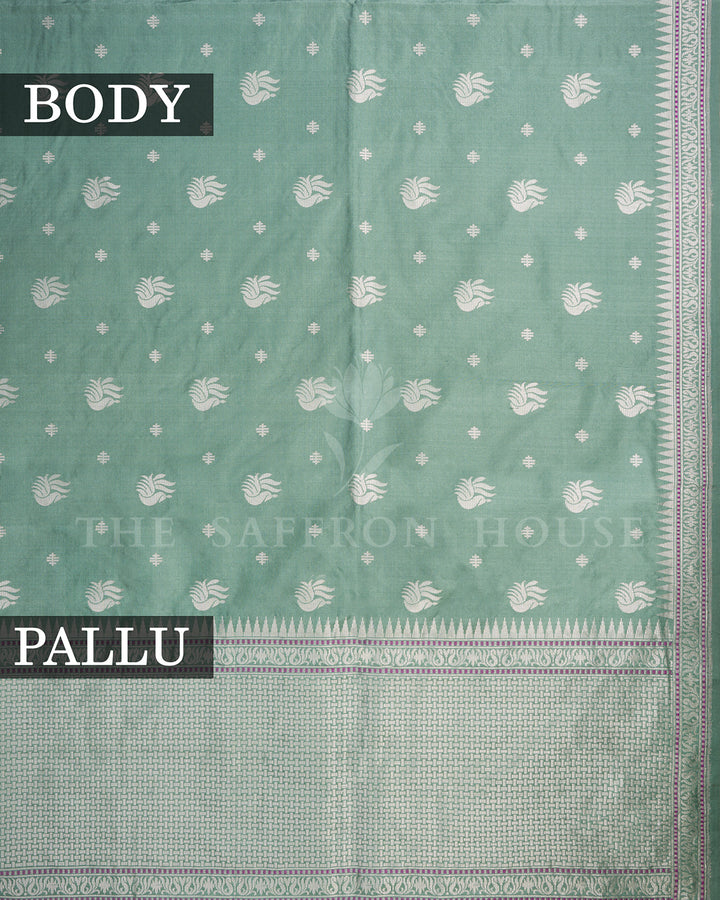 Sea Green Banarasi Silk Saree with Scattered Silver Zari Paisley Buti & Temple Border