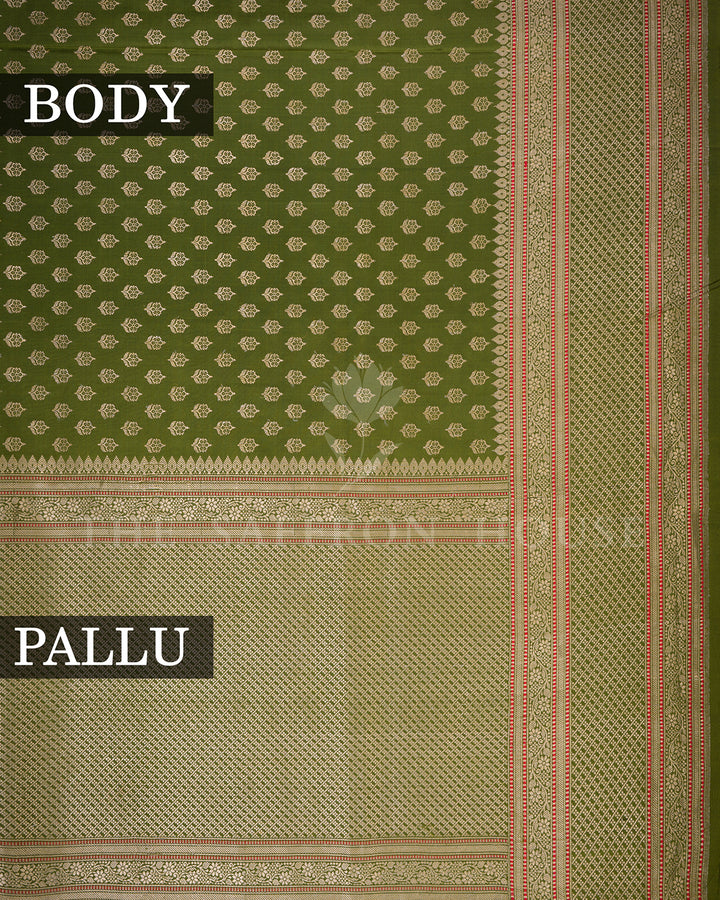 Olive Green Banarasi Silk Saree with Scattered Gold Zari Floral Buti & Diamond Lattice Border