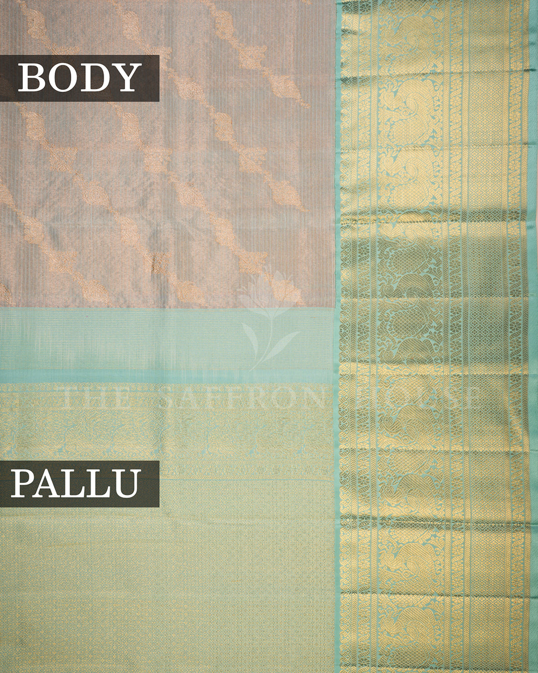 Sea Green Kanchivaram Silk Saree with Diagonal Gold Zari Weave & Peacock Motif Border