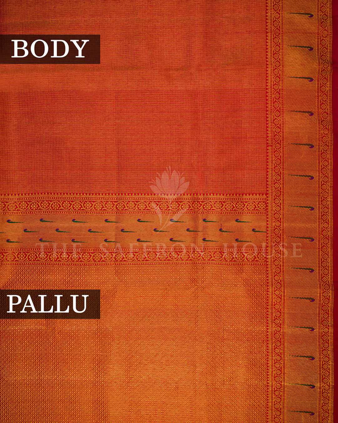 Rust Red Kanchivaram Silk Saree with Ikat Elephant-Peacock Panel & Peacock Feather Border