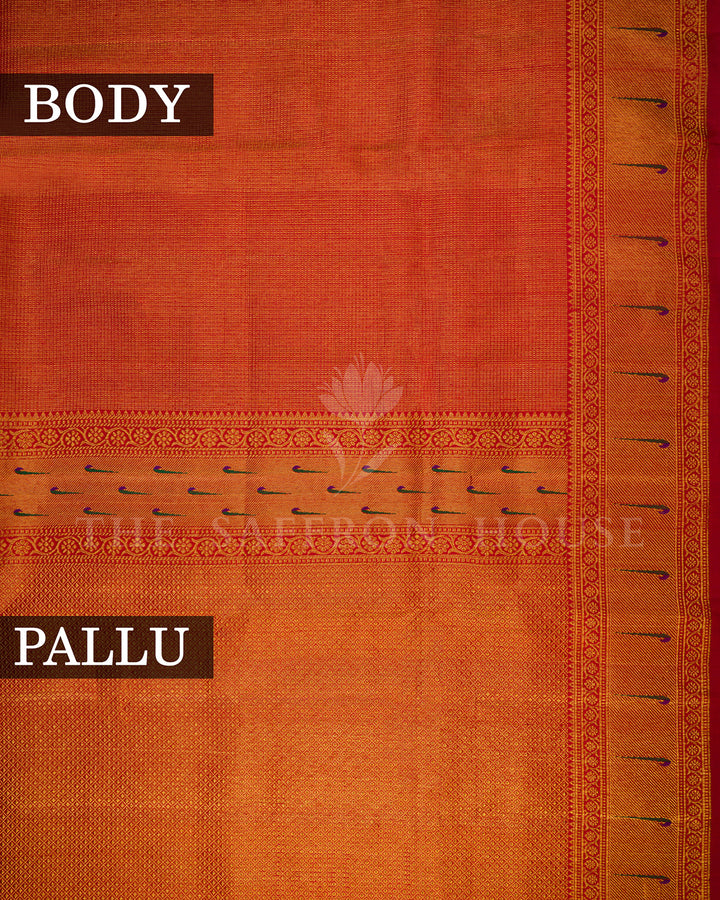 Rust Red Kanchivaram Silk Saree with Ikat Elephant-Peacock Panel & Peacock Feather Border