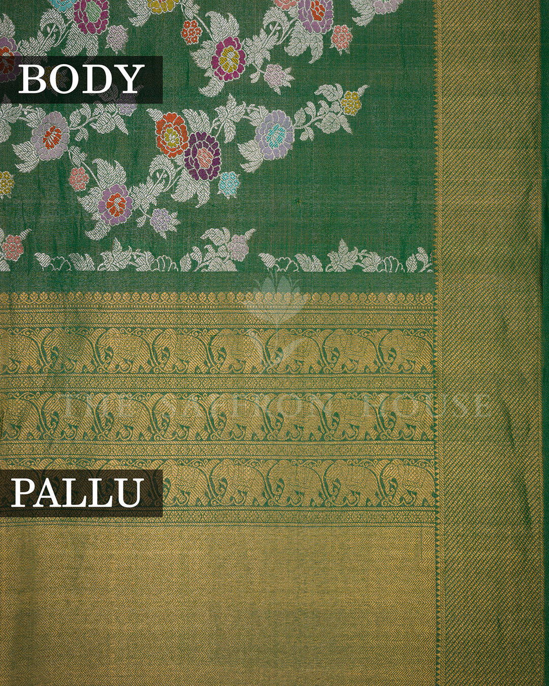 Emerald Green Banarasi Tissue Silk Saree with Meenakari Floral Bunch & Gold Zari Elephant Border