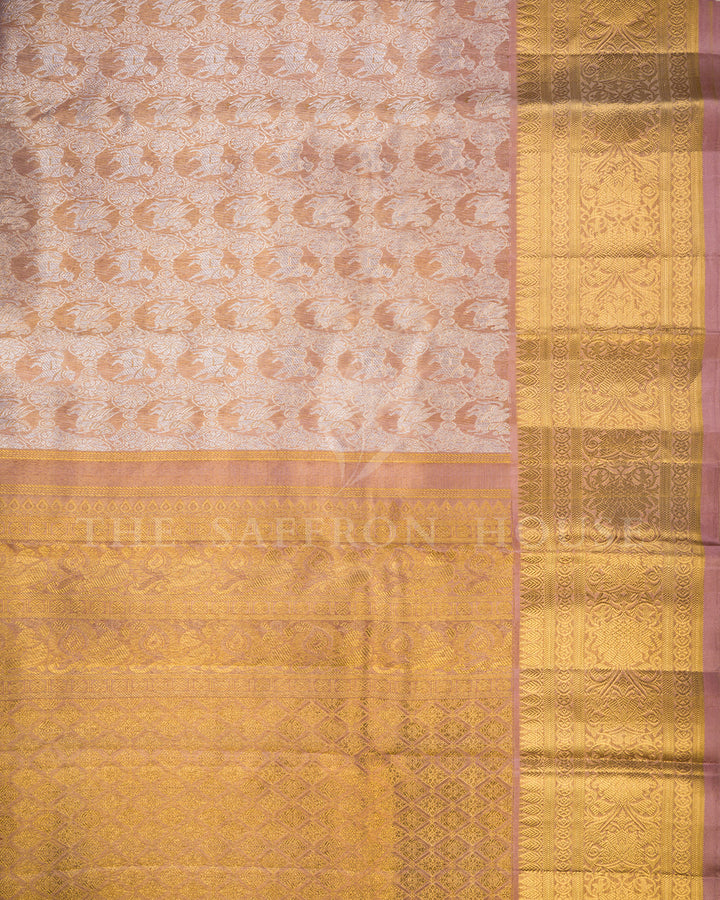 Dusty Pink Kanchivaram Silk Tissue Saree with Horse Procession Pallu & Wide Gold Zari Border