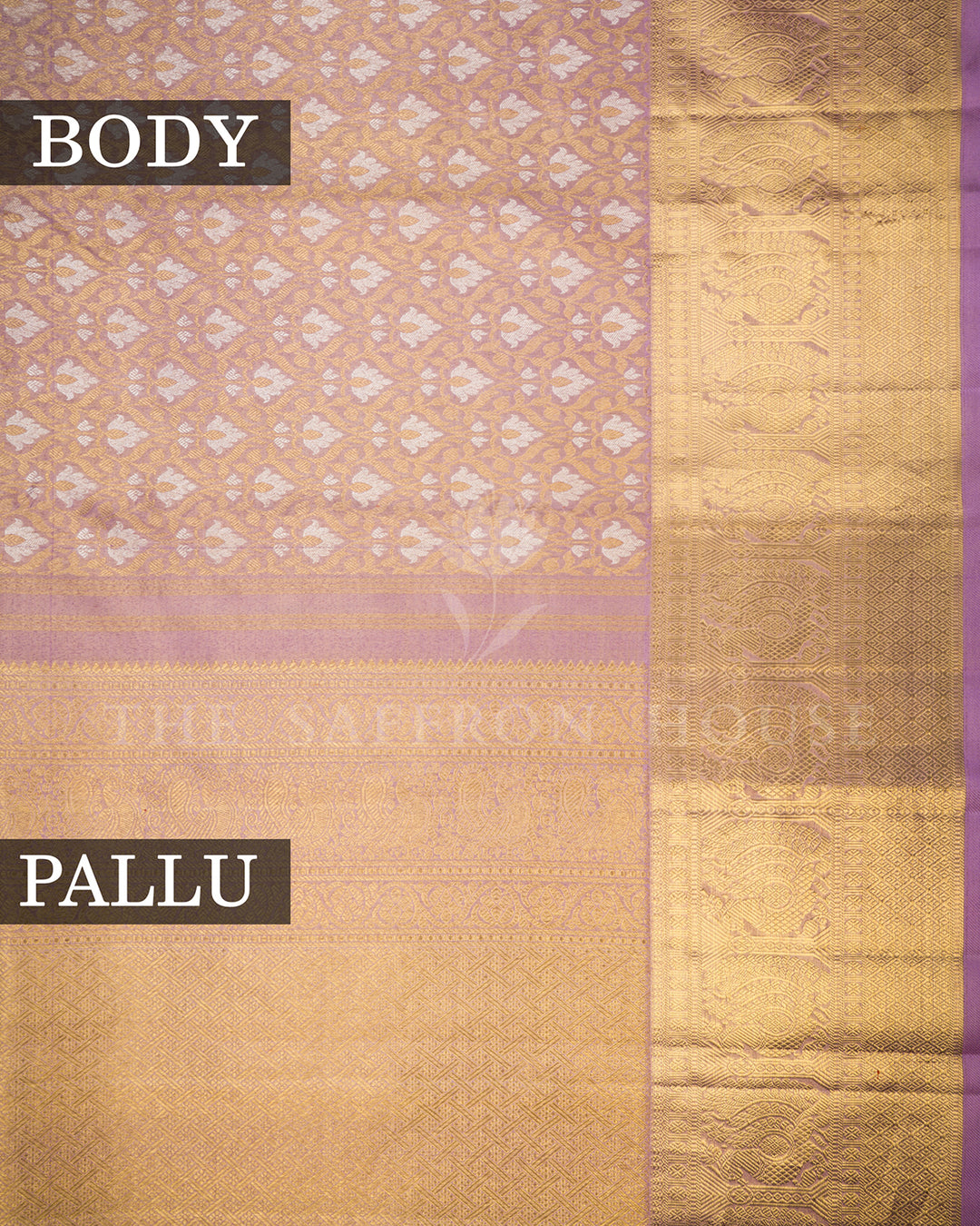 Lilac Kanchivaram Silk Saree with Gold Zari Floral Jaal & Wide Paisley Temple Border