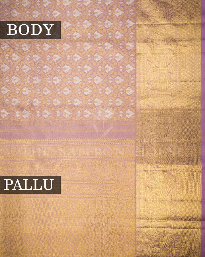 Lilac Kanchivaram Silk Saree with Gold Zari Floral Jaal & Wide Paisley Temple Border