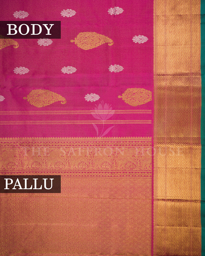 Rani Pink Kanchivaram Tissue Silk Saree with Gold Zari Paisley Buti & Elephant Border