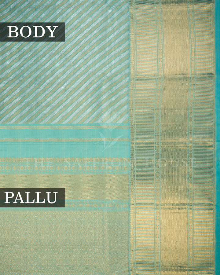 Sky Blue Kanchivaram Silk Saree with Diagonal Gold Zari Stripe Weave & Wide Textured Border